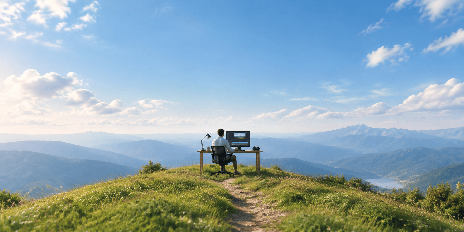 Video editor working at a desk on a hilltop